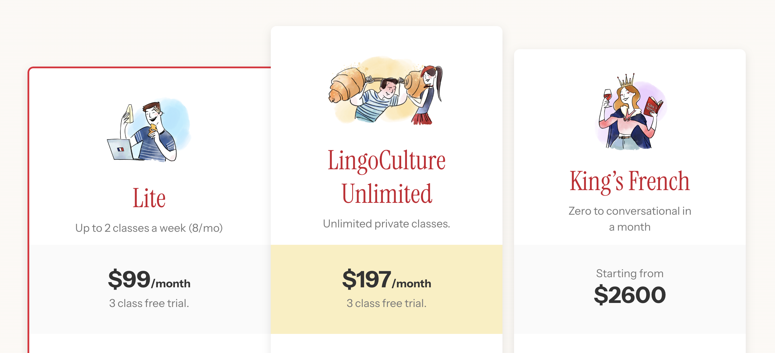 A table comparing the prices of the LingoCulture Lite, Unlimited, and King's French program