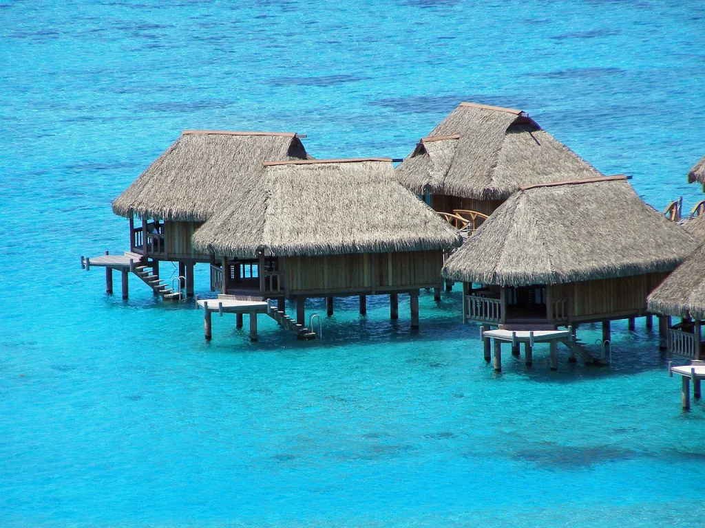 This image shows a group of houses in Bora Bora, French Polynesia.