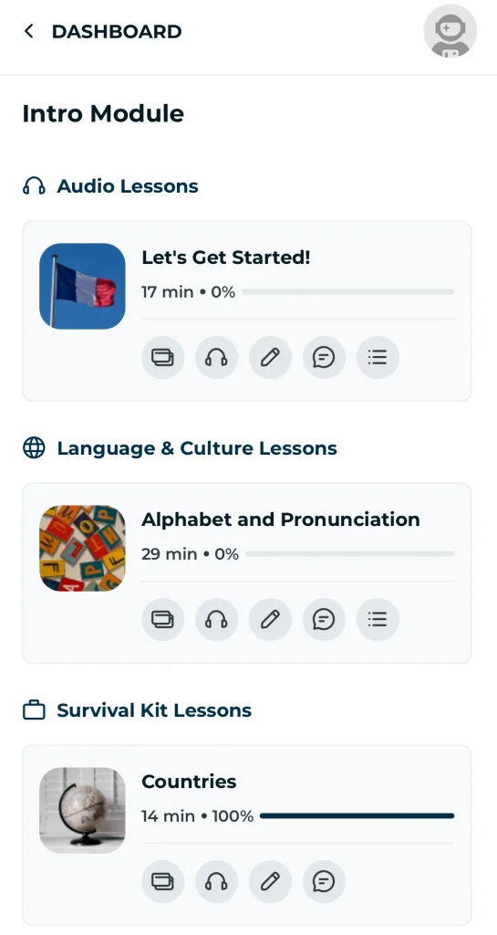 This is a picture of the Rocket French lesson menu.